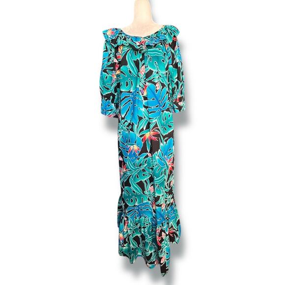Hilo Hattie Dresses & Skirts - Hilo Hattie Hawaiian Dress Teal Tropical Leaf Cotton Ruffle Off Shoulder Muumuu